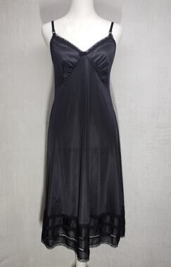 Vintage 70s Sears Black Slip Dress M Antron Nylon Lace Dark Academia Gothic